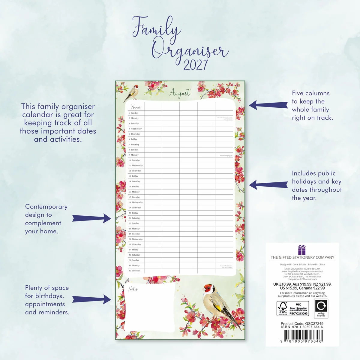 Family organiser birdsong 2027 – koledar 30x30 - naslovnica knjige - Felix.si knjigarna Family organiser birdsong 2027 – koledar 30x30 - Image 2